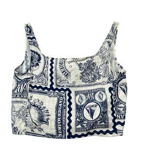 Nicole Miller Artelier Postage Stamp Linen Crop Top Blue Smocked Festival Sz XS